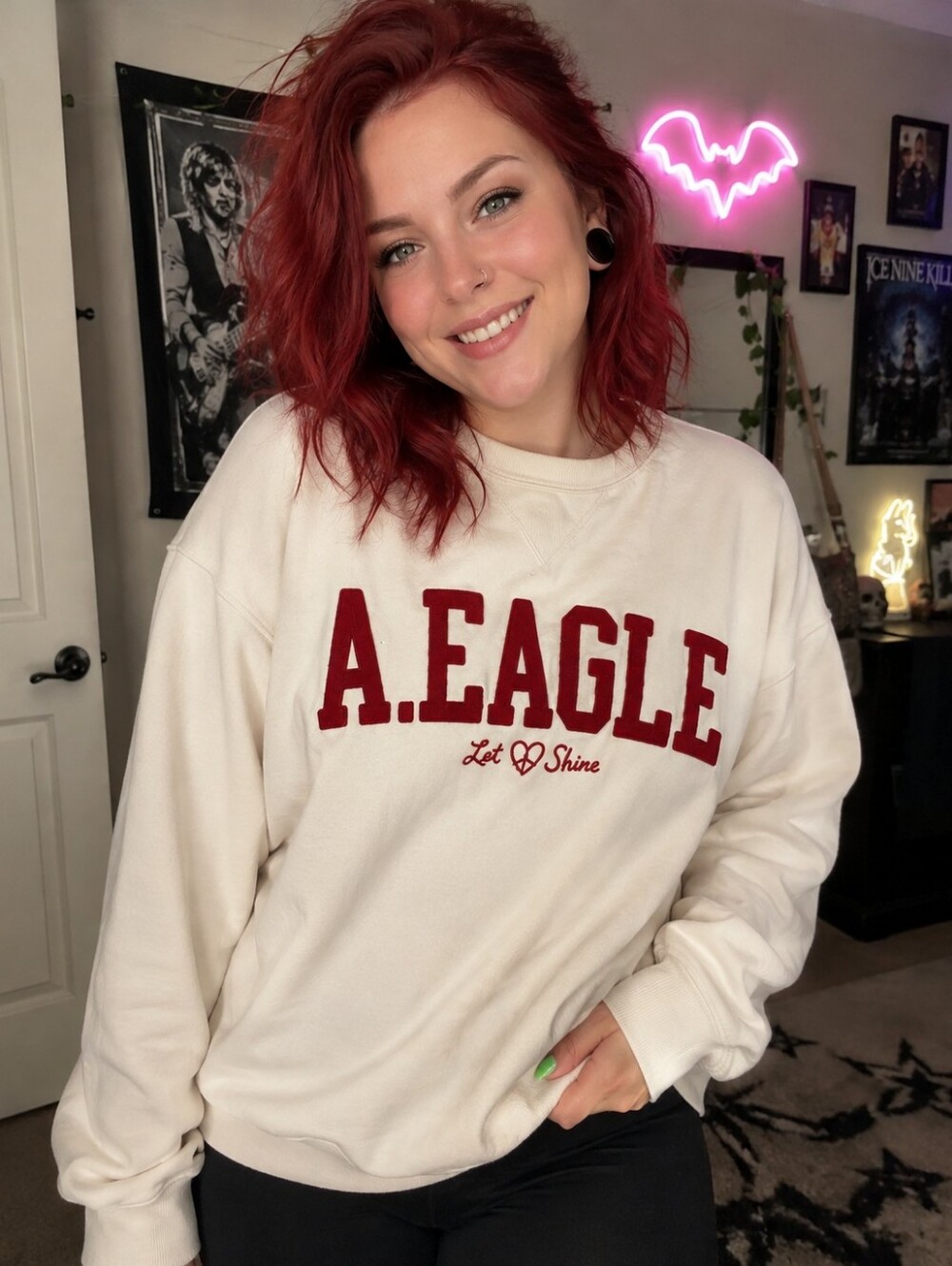 American Eagle Outfitters Cream Crewneck Sweatshirt with Red Lettering
